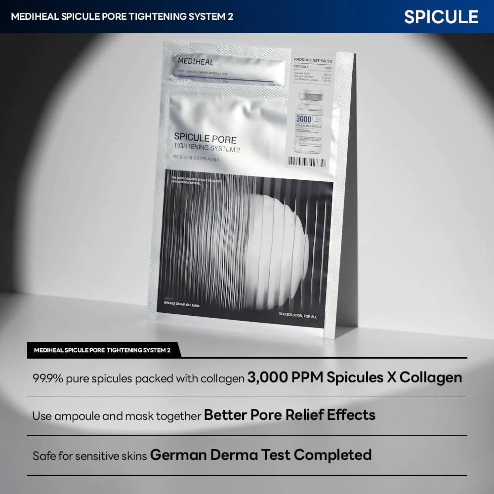 2-step spicule system with collagen for better pore relief and German derma test