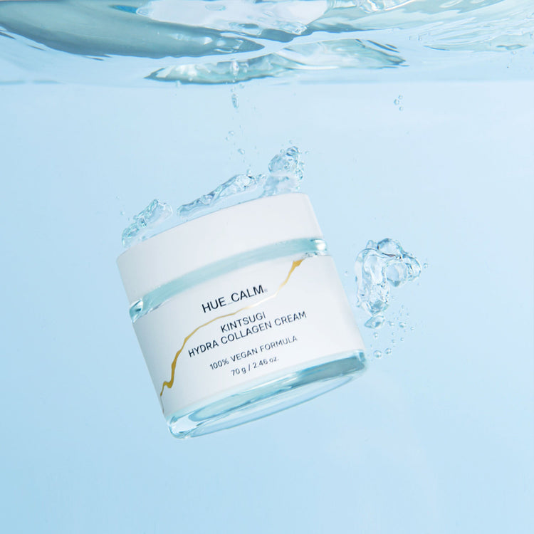Hue Calm moisturizing cream floating underwater – Korean skincare product image for hydration and moisture balance in K-beauty wholesale collection