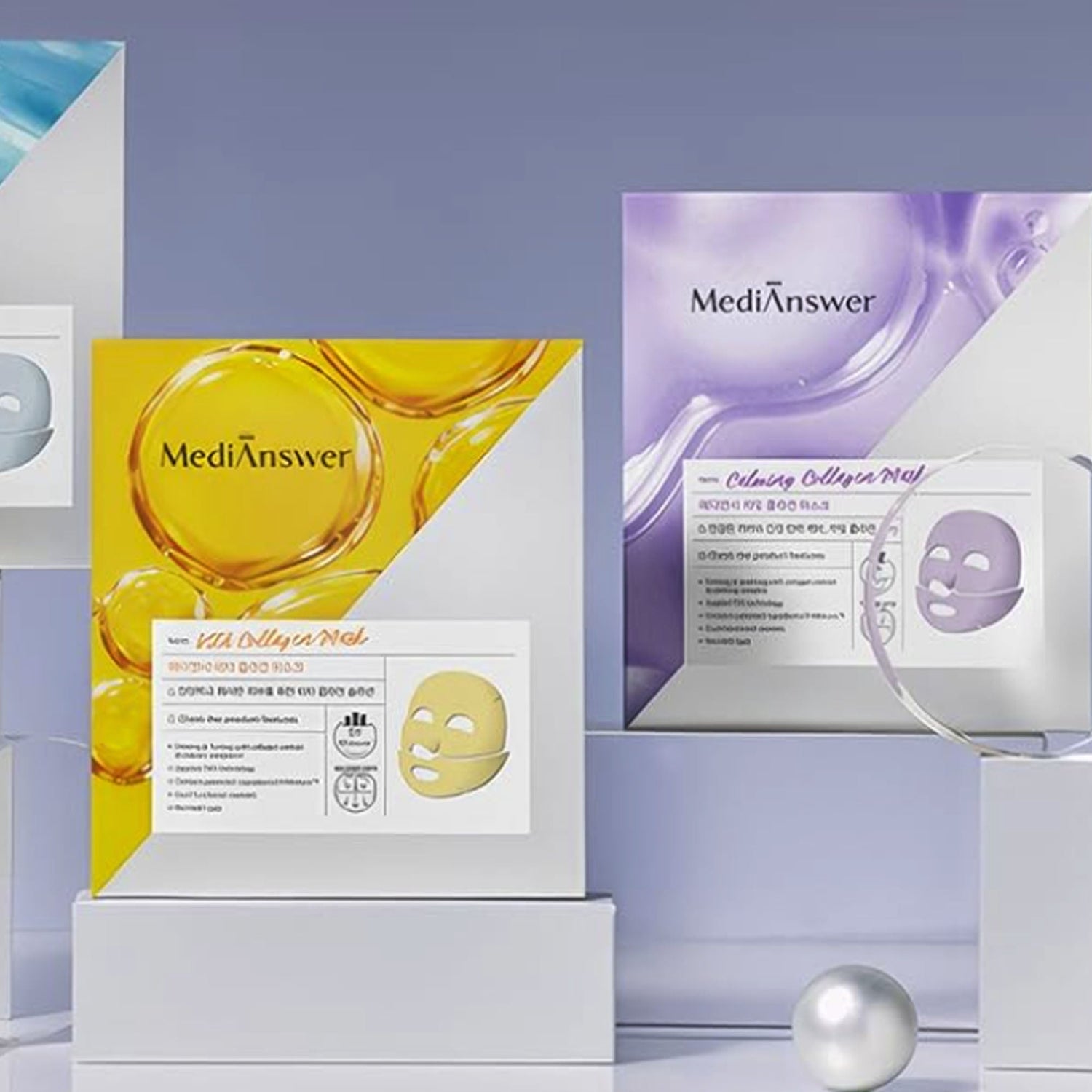 Medianswer Korean skincare mask packs and boxes displayed on pedestals – Clinical-grade anti-aging products for spas and medical skincare resellers