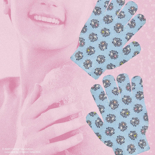 Dearcloud x Keith Haring Exfoliating Gloves — Reusable Loofah Gloves for Smooth Skin — Wholesale K-Beauty