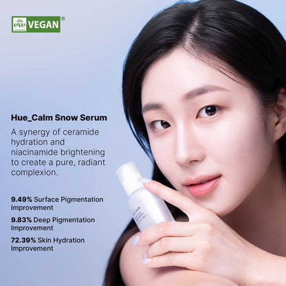 Model holding Hue Calm serum with clinical improvement stats