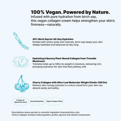 Hue Calm vegan collagen cream ingredients – birch sap, tremella mushroom, cherry collagen

