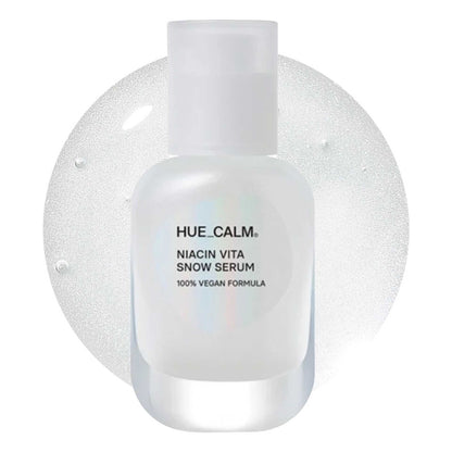 Hue Calm Niacin Vita Snow Serum bottle with clear serum texture background – vegan K-beauty brightening serum with 3% niacinamide