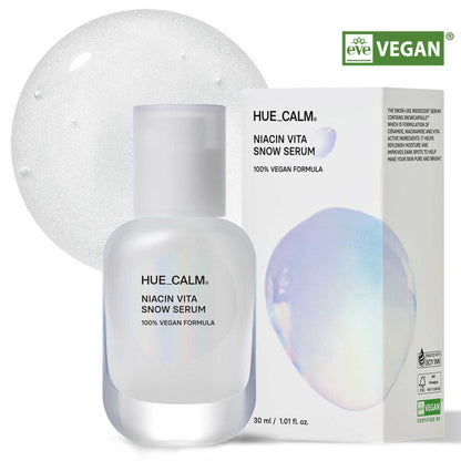 Hue Calm Niacin Vita Snow Serum product display showing full-size bottle and packaging box with iridescent design – vegan K-beauty serum for hydration and brightening