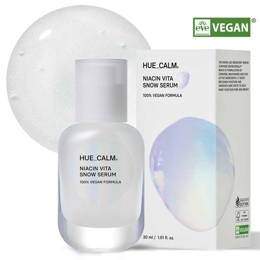 Hue Calm Niacin Vita Snow Serum product display showing full-size bottle and packaging box with iridescent design – vegan K-beauty serum for hydration and brightening