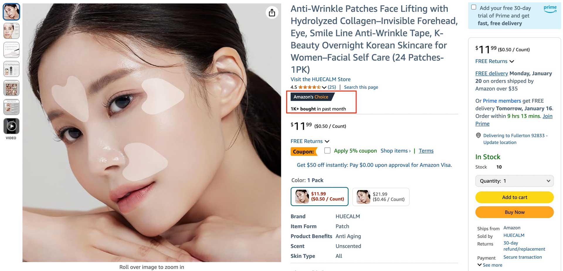 Amazon’s Choice badge and 1K+ monthly sales for Hue Calm Anti-Wrinkle Patches, top-rated Korean skincare product on Amazon