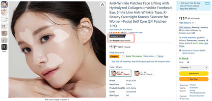 Amazon’s Choice badge and 1K+ monthly sales for Hue Calm Anti-Wrinkle Patches, top-rated Korean skincare product on Amazon
