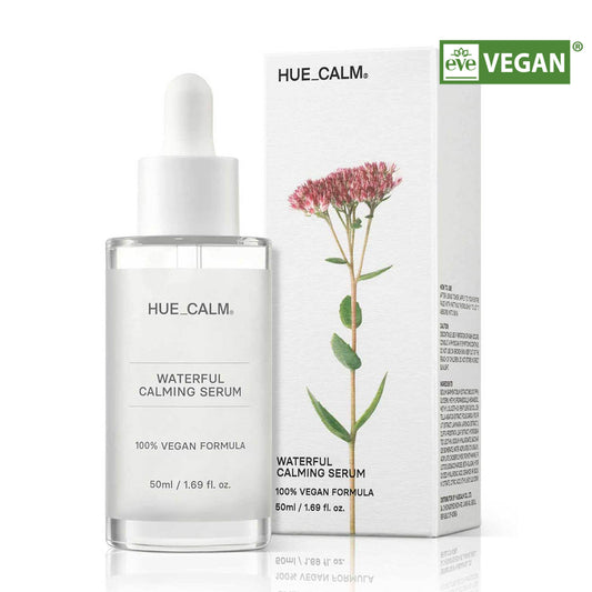 Hue Calm Waterful Calming Serum with packaging and flower graphic EVE Vegan Certified
