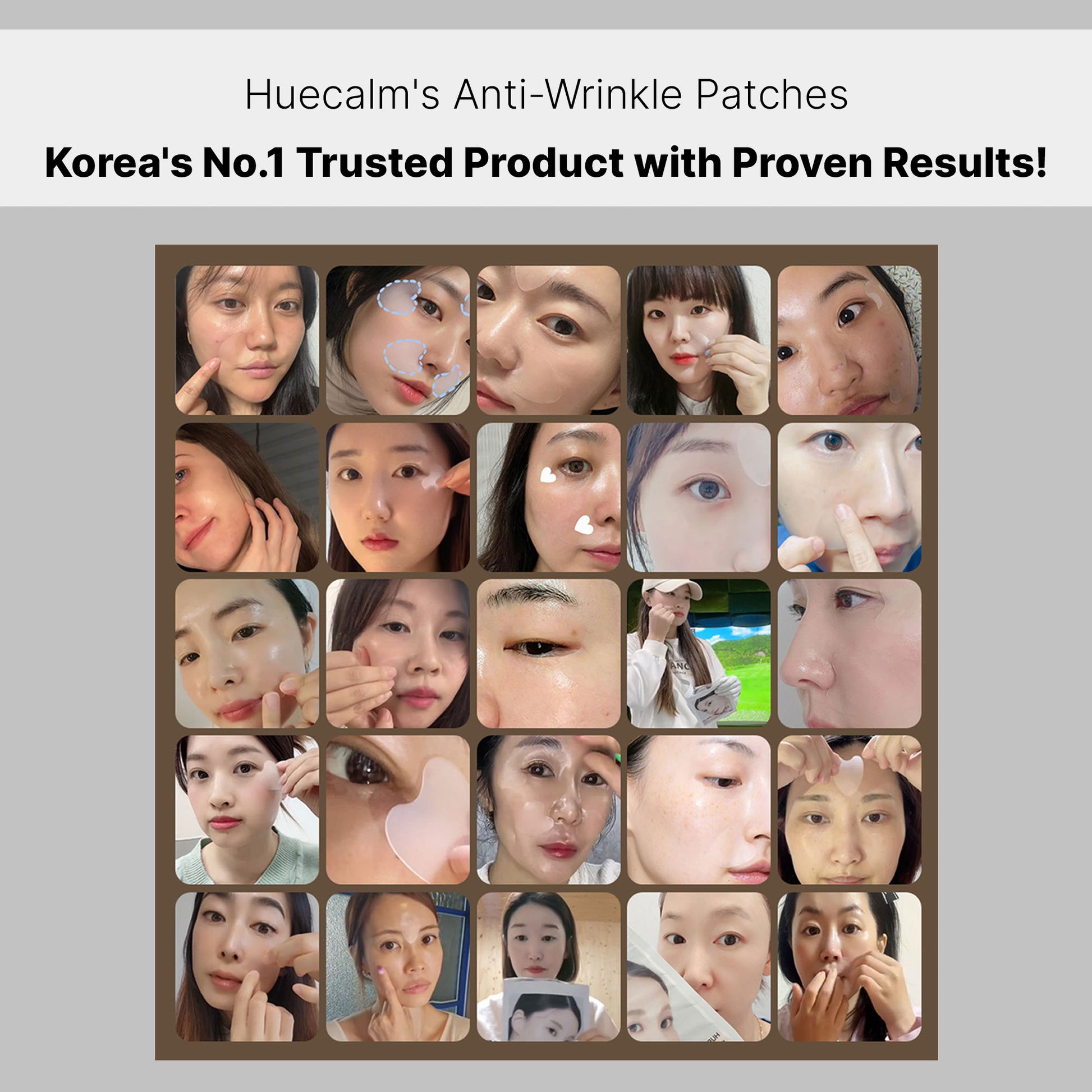 Verified user photos wearing Hue Calm anti-wrinkle patches – Korea’s most trusted wrinkle patch product