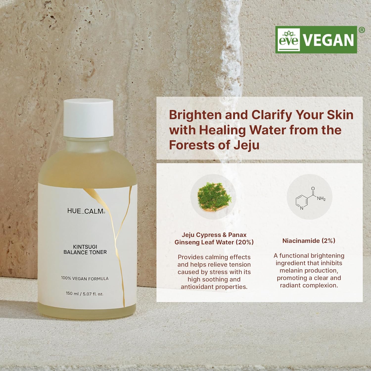 Huecalm toner key ingredients – Jeju Cypress & Niacinamide