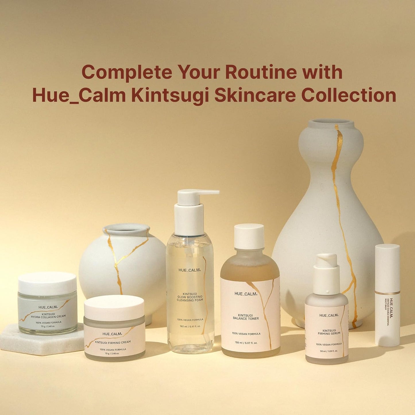 Huecalm Kintsugi Balance Toner lifestyle image with skincare collection