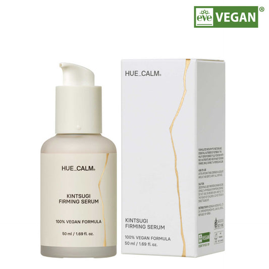 Main product image – Huecalm Kintsugi Firming Serum with box, vegan certified
