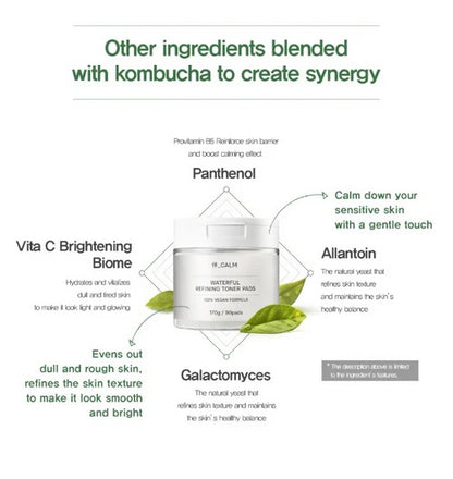 Huecalm - Waterful Toner Pads combine kombucha, panthenol, allantoin, and galactomyces for skin balance and glow.