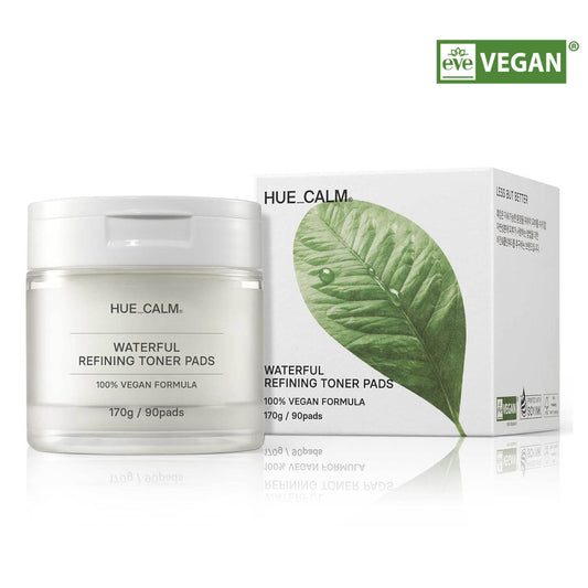 Huecalm - Front view of Hue Calm Toner Pad jar and box packaging with green leaf, highlighting vegan certified