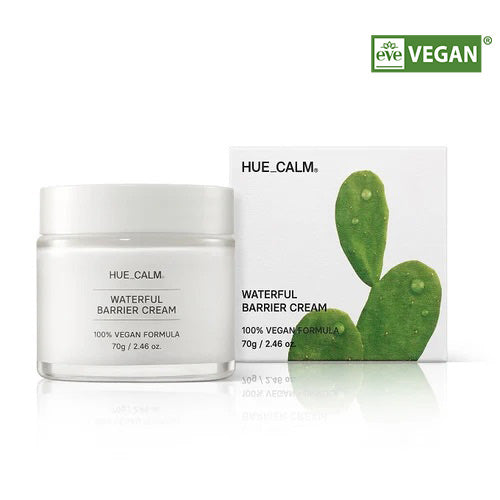 Hue Calm Waterful Barrier Cream and outer box front image showing vegan cactus formula in 70g jar