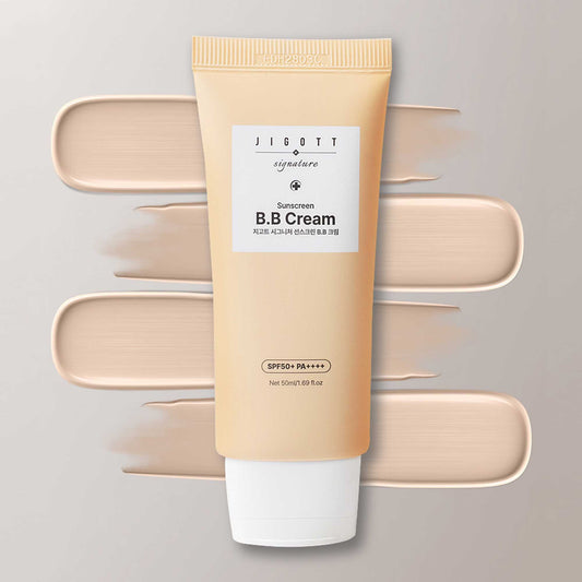 Jigott BB Cream Sunscreen tube with beige swatch background showing product tone