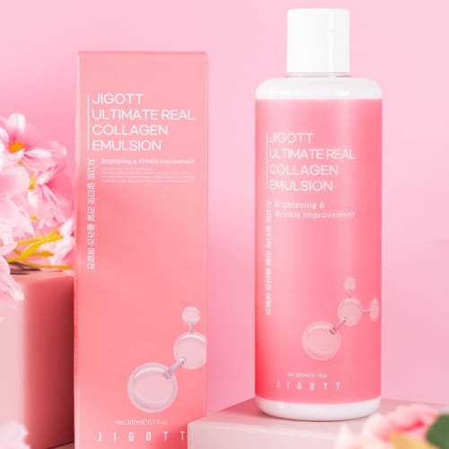 Product and box set of JIGOTT Collagen Emulsion with cherry blossom flowers