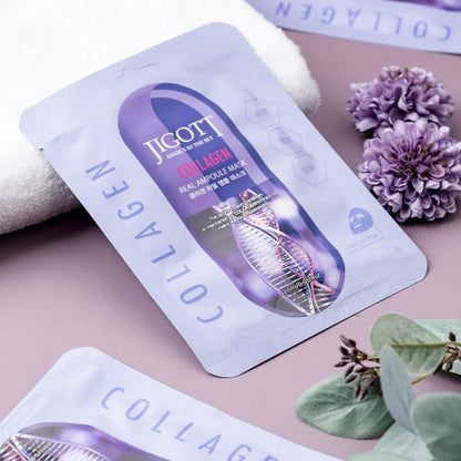 Jigott Collagen Real Ampoule Mask with towel and flower, purple packaging, Korean skincare
