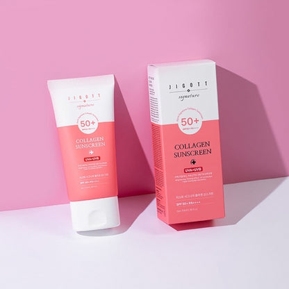 Jigott Collagen Sunscreen tube and box standing on pink backdrop for product display