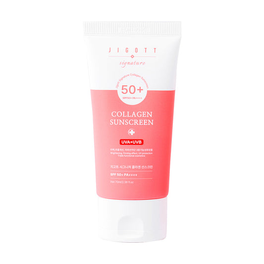 Jigott Collagen Sunscreen tube front view SPF50+ for K-Beauty wholesale listing
