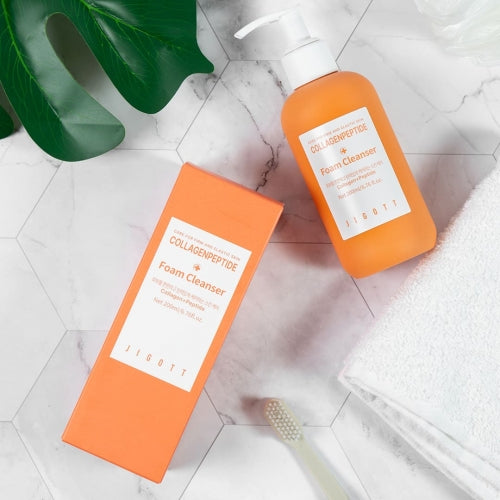 Jigott Collagenpeptide Foam Cleanser with box on marble for K-Beauty wholesale