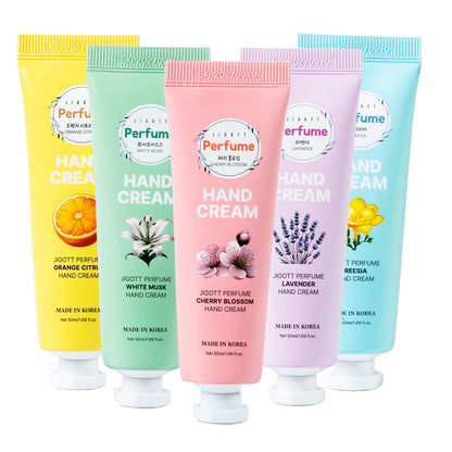 Front view of all 5 hand cream tubes including Cherry Blossom, Citrus, Musk, Lavender, Freesia