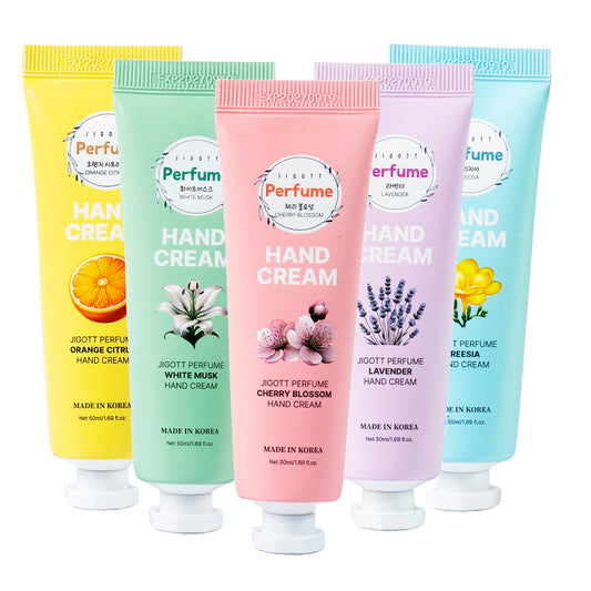 Front view of all 5 hand cream tubes including Cherry Blossom, Citrus, Musk, Lavender, Freesia