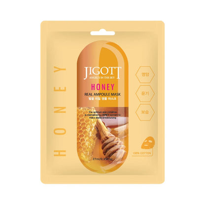 Front view of JIGOTT Honey Real Ampoule Mask showcasing honeycomb design and benefits