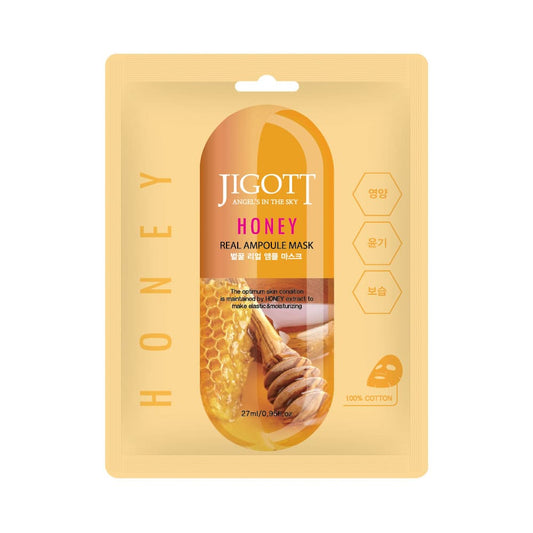 Front view of JIGOTT Honey Real Ampoule Mask showcasing honeycomb design and benefits