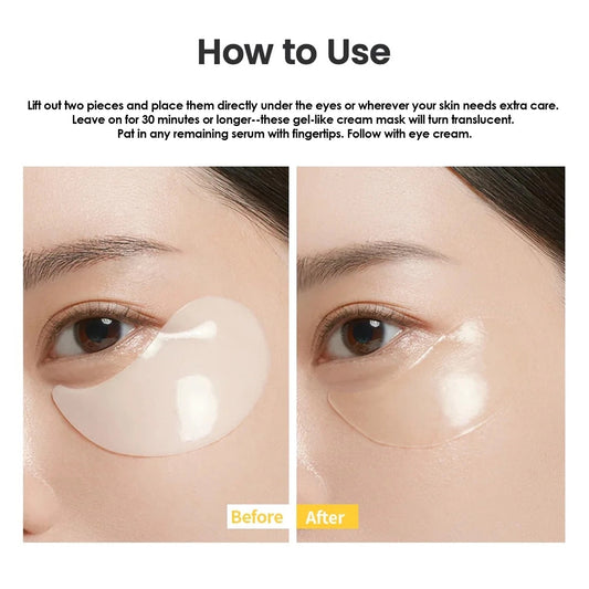 How-to-use graphic showing eye patch application with before-after results on model