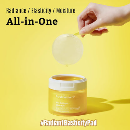 Hand lifting collagen toner pad from yellow MediAnswer Vita Collagen Glow Pad jar highlighting radiance, elasticity and moisture benefits