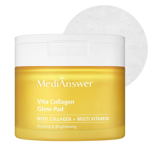 Hero image of MediAnswer Vita Collagen Glow Pad jar with collagen-soaked pad overlay, firming and brightening benefits