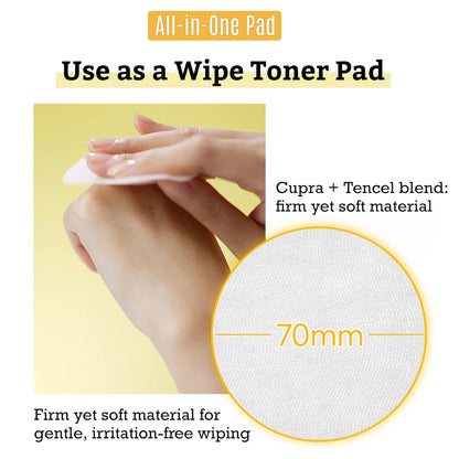 Demonstration of 70 mm Cupra-Tencel pad used as gentle wipe toner, irritation-free cleansing with Vita Collagen Glow essence