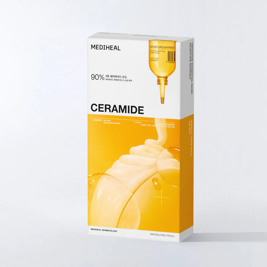 Product packaging box of Mediheal Ceramide Essential Mask with 4X ceramide for skin barrier care