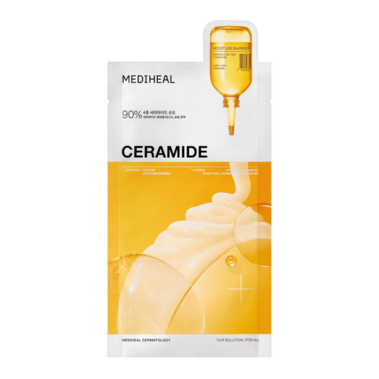 Front pouch image of Mediheal Ceramide Mask highlighting 4 ceramides and moisture barrier support