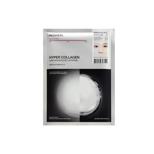 Main product pouch of Mediheal Hyper Collagen Mask with ingredient breakdown and absorption info