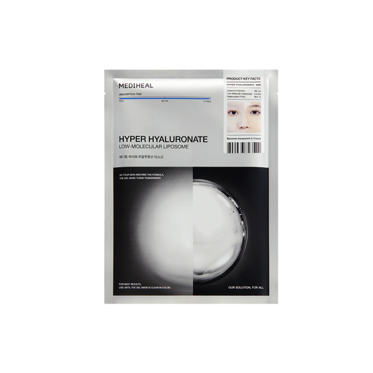 Main pouch of Mediheal Hyper Hyaluronate Mask showing low-molecular liposome and absorption info