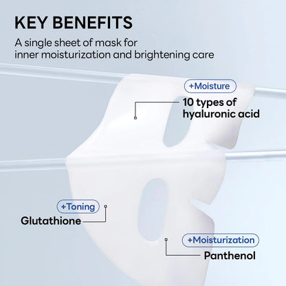 Mask sheet with callouts for hyaluronic acid, glutathione, and panthenol benefits