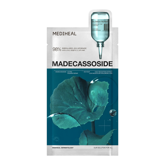 Overview of Mediheal Madecassoside Mask's benefits: blemish care, hydration, barrier support, and vegan formula