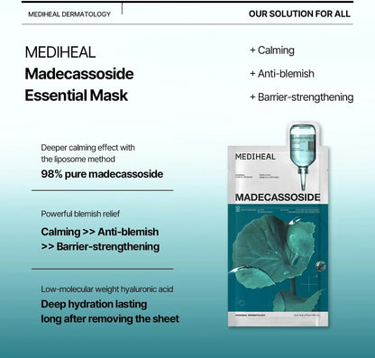 Infographic highlighting results of Mediheal Blemish Repair Mask: 133.88% redness improvement and 7.25% cooling